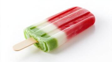 A delicious ice cream popsicle with vibrant layers of green, white, and red sits ready to be enjoyed on a warm summer day photo
