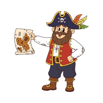 Cartoon groovy pirate holding a treasure map