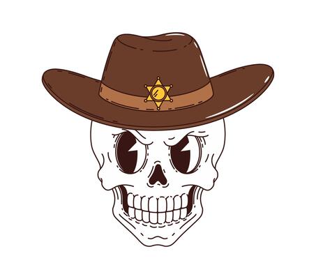 Cartoon groovy cowboy skull, western character