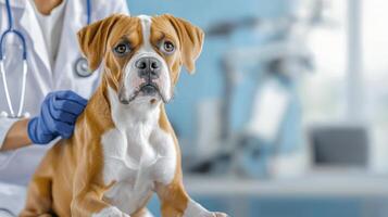 Dog At Veterinary Clinic With Veterinarian In Background. Pet Receiving Medical Care And Attention photo