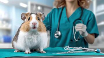 Guinea Pig On Examination Table At Veterinary Clinic. Small Pet Receiving Medical Care photo