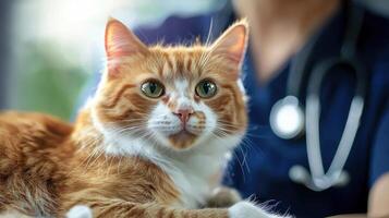 Orange And White Cat At Veterinary Clinic With Stethoscope. Cat Receiving Medical Attention photo