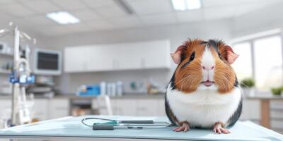 Guinea Pig On Examination Table In Veterinary Clinic. Pet Health Checkup And Care photo