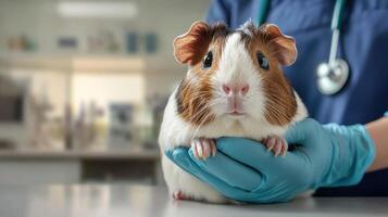 Guinea Pig Held By Veterinarian In Clinic. Small Pet Receiving Medical Care photo