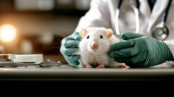 White Laboratory Rat Being Examined By A Veterinarian In A Clinic. Animal Research And Medical Care photo