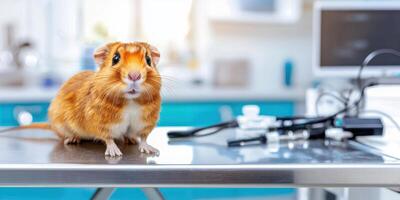 Guinea Pig On Veterinary Examination Table In Clinic. Small Pet Receiving Medical Care photo