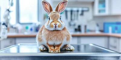 Rabbit On Veterinary Examination Table In Clinic. Pet Health Checkup And Care photo