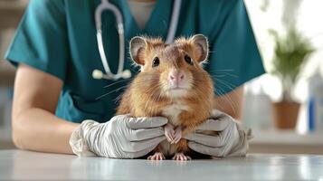 Guinea Pig At Veterinary Clinic With Vet In Scrubs And Gloves. Pet Health Checkup And Care photo