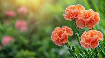 Orange Carnations In Sunlit Garden. Vibrant Blooms Symbolizing Love And Fascination photo