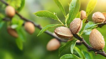 Almonds On Tree Branch With Dewdrops In Sunlight. Fresh Almonds Growing In Natural Environment photo