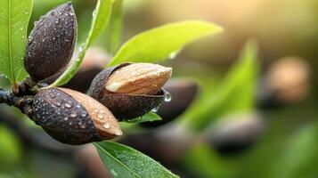 Close-Up Of Pecan Nuts On Tree Branch With Dewdrops. Nature'S Bounty In Morning Light photo