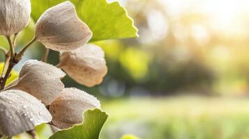 Close-Up Of Dewy Seed Pods And Green Leaves In Sunlight. Nature'S Morning Freshness And Tranquility photo