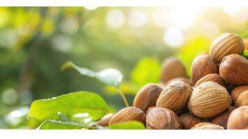 Pile Of Fresh Hazelnuts With Dewdrops On Green Leaves In Sunlight. Nut Harvest And Natural Food Concept photo