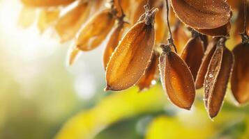 Close-Up Of Dewy Brown Seed Pods On A Branch With Blurred Green Background. Nature'S Intricate Details In Morning Light photo
