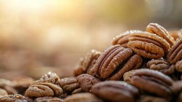 Pecan Nuts With Dew In Sunlight. Fresh Pecans Glistening With Morning Dew, Symbolizing Natural Harvest photo