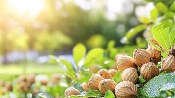 Walnuts On Tree Branch With Green Leaves In Sunlight. Fresh Walnuts Growing In Natural Environment photo