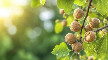 Branch With Ripe Nuts And Dewdrops In Sunlight. Nature'S Bounty And Freshness photo