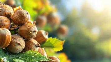 Hazelnuts With Dew On Tree Branch In Sunlight. Fresh Hazelnuts In Natural Setting, Symbolizing Harvest And Organic Farming photo