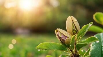 Close-Up Of Budding Flower With Dewdrops In Morning Sunlight. Symbol Of New Beginnings And Natural Beauty photo