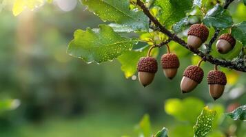 Acorns On Oak Tree Branch With Dewy Leaves In Sunlight. Nature'S Autumn Bounty And Growth photo