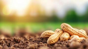 Peanuts In Shell On Soil With Blurred Natural Background. Symbol Of Agriculture And Harvesting photo