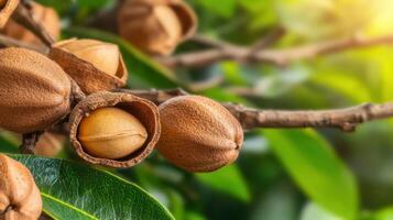 Close-Up Of Ripe Pecan Nuts On Tree Branch With Green Leaves. Nut Harvest Season And Agricultural Growth photo
