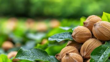 Close-Up Of Fresh Wet Nuts On Green Leaves In Natural Setting. Organic Farming And Sustainable Agriculture photo