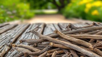 Dried Vanilla Beans On Rustic Wooden Table Outdoors. Natural Vanilla Pods For Culinary Use photo