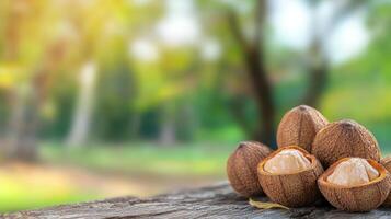 Walnuts On Rustic Wooden Table With Blurred Green Nature Background. Healthy Snack And Natural Food Concept photo