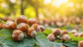 Fresh Hazelnuts On Green Leaves With Morning Dew In A Sunlit Orchard. Nut Harvest And Natural Food Concept photo