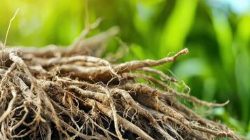 Close-Up Of Tangled Plant Roots With Blurred Green Background. Nature'S Intricate Underground Network photo
