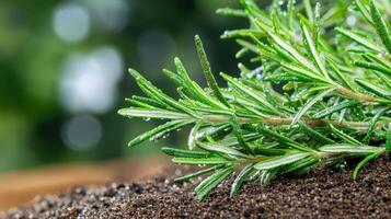 Fresh Rosemary Herb With Dew On Soil In Garden. Aromatic Plant For Culinary And Medicinal Use photo