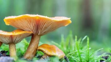 Mushrooms With Dew On Forest Floor. Nature'S Delicate Balance Captured In A Serene Woodland Setting photo