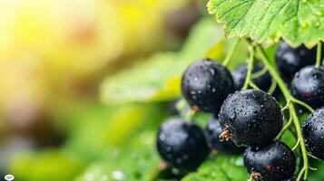Blackcurrants With Water Droplets On Green Leaves. Fresh And Juicy Berries In Natural Light photo