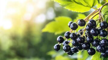 Black Elderberries On Branch With Sunlit Green Leaves. Fresh And Natural Harvest In Garden Setting photo
