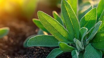 Close-Up Of Vibrant Green Sage Leaves In Sunlight. Fresh Herbs Growing In Garden Soil photo