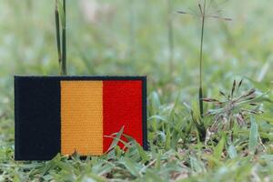 Eco friendly Belgian flag embroidered from colorful threads lying on grass with wildflowers. Natural light, earth day theme. Horizontal photo with copy space on right.