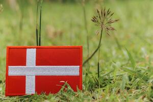 Eco friendly embroidered Danish flag lying on natural grass with wildflowers. Horizontal photo with copy space on the right. Earth day, natural calmness vibe.