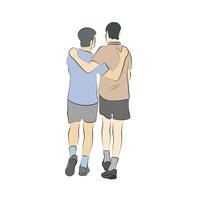 two men hugging together illustration hand drawn with black lines isolated on white background. vector