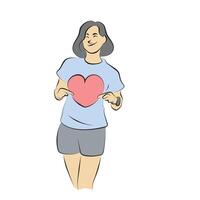 smiling woman holding red heart illustration hand drawn with black lines isolated on white background. vector