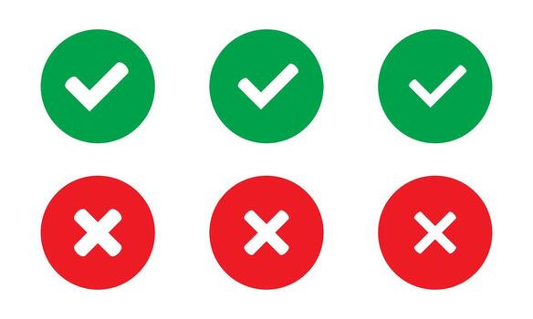 Right or wrong icons. Green tick and red cross checkmarks in circle flat icons. Yes or no symbols. vector