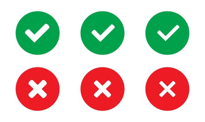 Right or wrong icons. Green tick and red cross checkmarks in circle flat icons. Yes or no symbols.