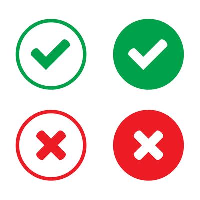 Right or wrong icon. Green tick and red cross checkmarks in circle flat icons. Yes or no symbol, approved or rejected icons.