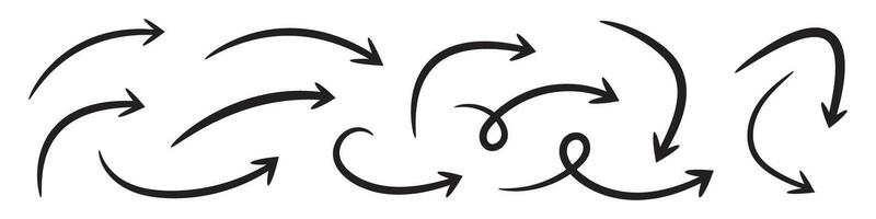 Curved Arrows and Twisted Hand Drawn Arrows. Collection of Doodle Curved Arrows. vector