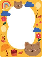 cute yellow frame with drawing cartoon cat and sky element hand drawing illustration. cute frame for photo and card holder vector