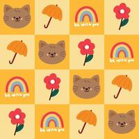 seamless pattern cartoon cat with cute stuffs in yellow patchwork style. cute drawing for wallpaper and gift wrap paper vector