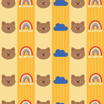 cute drawing cartoon cat and sky element seamless pattern in yellow stripe pattern vector