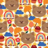 Colorful cat pattern with rainbows and flowers vector