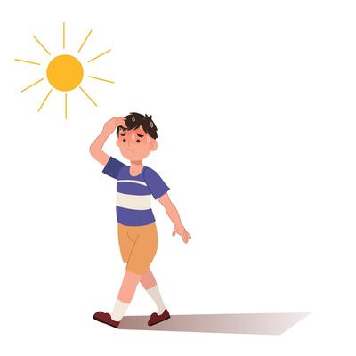 heat stroke concept. Sunstroke and sunburn risk little boy under burning sun. High temperature ,Hot weather.Summer