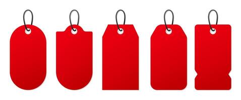 Isolated Minimal Red Hanging Labels Set, Blank Price Tags for Sale and Promotion Display, Editable vector